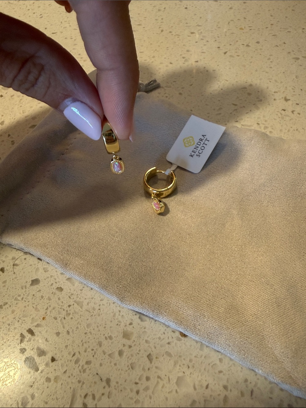 Kendra Scott Gold Hoop Earrings with Pink Oval Drop